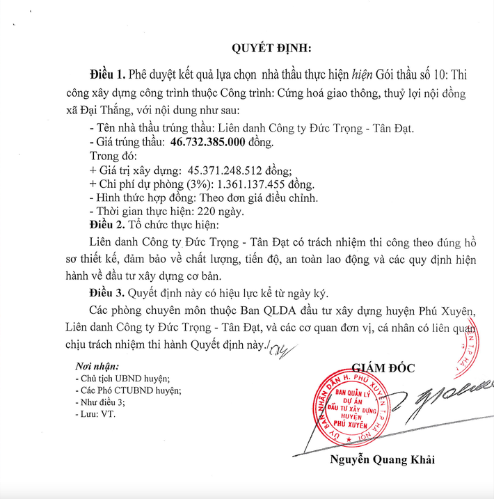 Ông Nguyễn Quang Khải thường xuyên ký các quyết định phê duyệt lựa chọn nhà thầu, trong đó, hàng loạt gói thầu trúng có tỷ lệ giảm giá "siêu thấp". Hàng loạt gói thầu do Ban QLDA huyện Phú Xuyên làm chủ đầu tư có tỷ lệ tiết kiệm ngân sách “gần bằng 0” -0
