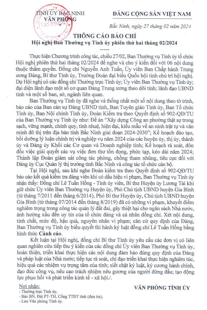 Thông cáo báo chí của Văn phòng Tỉnh uỷ Bắc Ninh. Kỷ luật cảnh cáo Bí thư Huyện uỷ Lương Tài -0