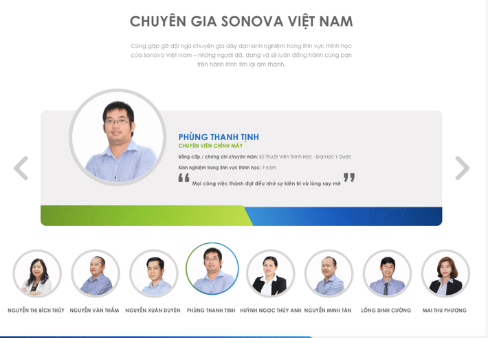 Ông Phùng Thanh Tịnh nằm trong danh sách "đội ngũ chuyên gia dày dạn kinh nghiệm trong lĩnh vực thính học của Sonova Việt Nam" chính là Điều dưỡng vừa bị xử phạt vì khám chữa bệnh khi chưa có chứng chỉ hành nghề. Ảnh chụp màn hình TP. Hồ Chí Minh: Công ty TNHH Sonova Việt Nam bị xử phạt vì khám chữa bệnh không phép