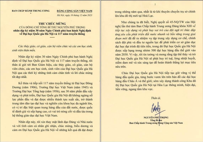Đồng chí Nguyễn Phú Trọng, Tổng Bí thư Ban Chấp hành Trung ương Đảng Cộng sản Việt Nam đã gửi thư chúc mừng Đại học Quốc gia Hà Nội nhân dịp kỷ niệm 30 năm Ngày Chính phủ ban hành Nghị định về Đại học Quốc gia Hà Nội (10/12/1993 – 10/12/2023) và 117 năm truyền thống Những tình cảm đặc biệt của Tổng Bí thư Nguyễn Phú Trọng dành cho Đại học Quốc gia Hà Nội -0