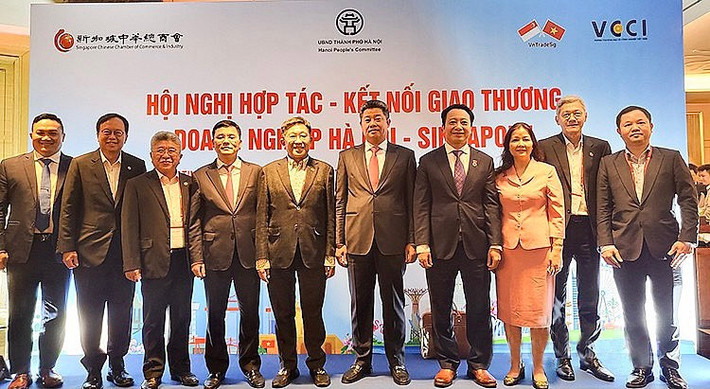 Lãnh đạo thành phố Hà Nội, Thương vụ Việt Nam tại Singapore, Liên đoàn công nghiệp và thương mại Hoa Sing (SCCCI), VCCI chụp ảnh tại Hội nghị Kết nối giao thương doanh nghiệp Hà Nội - Singapore -0