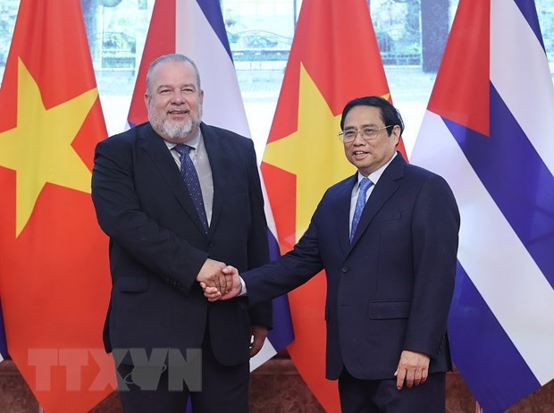 Thủ tướng Phạm Minh Chính và Thủ tướng Cuba Manuel Marrero Cruz. (Ảnh: Dương Giang/TTXVN) Thủ tướng Chính phủ Phạm Minh Chính hội đàm với Thủ tướng Cuba -0