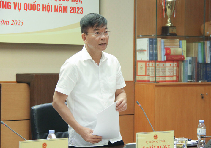 Thẩm tra sơ bộ Báo cáo của Chính phủ về tình hình thi hành Hiến pháp, pháp luật năm 2023 ảnh 2 Bộ trưởng Bộ Tư pháp Lê Thành Long phát biểu