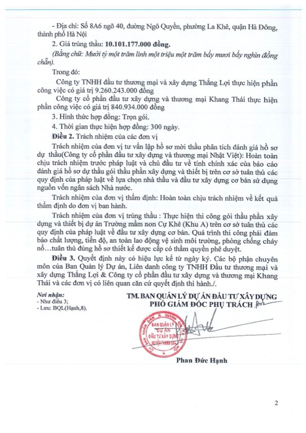 Phó Giám đốc phụ trách Ban QLDA ĐTXD huyện Thanh Oai ký Quyết định phê duyệt chọn nhà thầu trúng thầu là Công ty đầu tư thương mại và xây dựng Thắng Lợi Doanh nghiệp liên tiếp trúng các gói thầu đầu tư công có mức tiết kiệm cho ngân sách