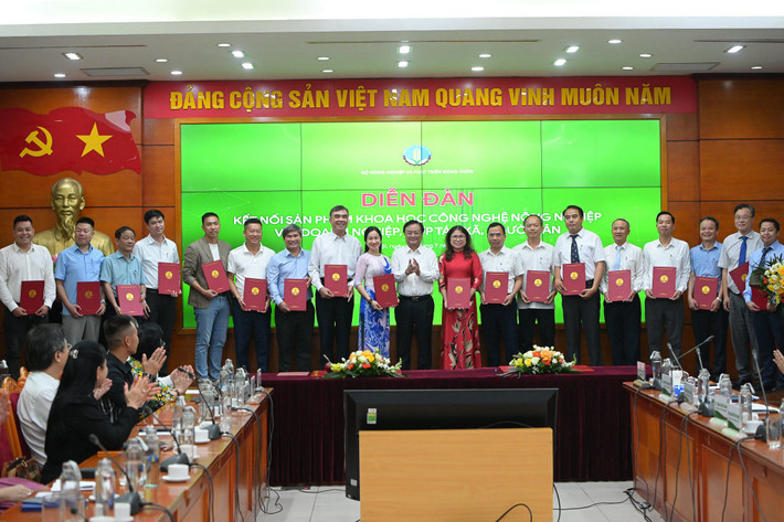 Lễ ký kết chuyển giao sản phẩm khoa học dưới sự chứng kiến của Bộ trưởng Lê Minh Hoan cùng các đại biểu. Nguồn: Báo Nông nghiệp Việt Nam Kết nối các sản phẩm khoa học công nghệ nông nghiệp với doanh nghiệp, hợp tác xã, người dân -0