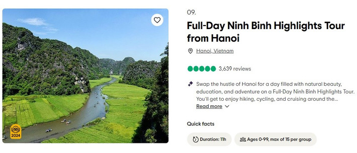 Tour tham quan Ninh Bình trong ngày được bình chọn ở vị trí thứ 9 trong 10 trải nghiệm hàng đầu của TripAdvisor. Ảnh chụp màn hình Ninh Bình vào Top 10 trải nghiệm năm 2024 -0