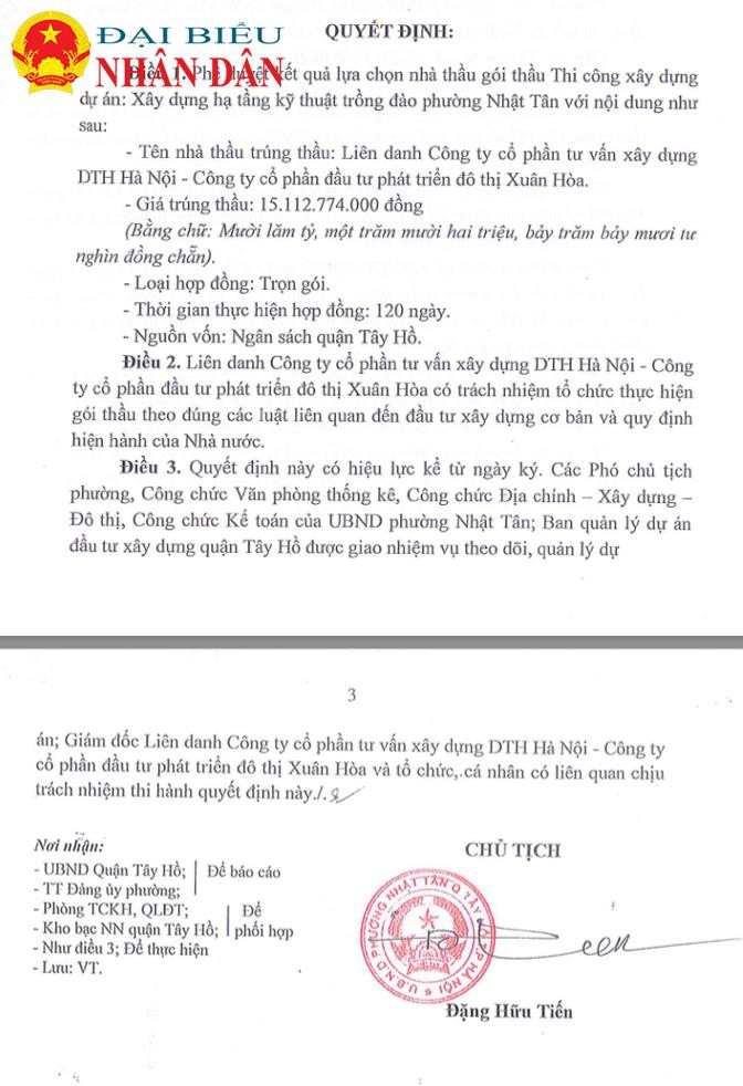 UBND phường Nhật Tân phê duyệt kết quả lựa chọn nhà thầu là Liên danh Công ty cổ phần tư vấn xây dựng DTH Hà Nội - Công ty cổ phần đầu tư phát triển đô thị Xuân Hoà. screen shot 2023-06-20 at 17.41.13.png -0