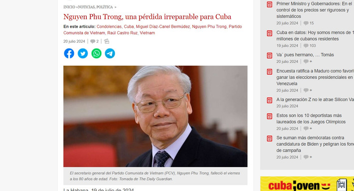 Bài viết của Đại tướng Raúl Castro Ruz đăng trên cubadebate.cu Báo chí Cuba: Sự ra đi của đồng chí Nguyễn Phú Trọng là sự mất mát không thể bù đắp đối với Cuba -0