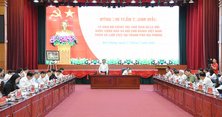 Chủ tịch Quốc hội Trần Thanh Mẫn phát biểu tại cuộc làm việc. Ảnh: Lâm Hiển Chủ tịch Quốc hội Trần Thanh Mẫn làm việc với Ban Chấp hành Đảng bộ thành phố Hải Phòng -0