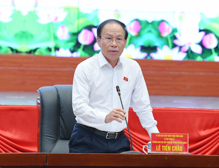 Bí thư Thành ủy, Trưởng Đoàn đại biểu Quốc hội thành phố Hải Phòng Lê Tiến Châu phát biểu. Ảnh: Lâm Hiển Chủ tịch Quốc hội Trần Thanh Mẫn làm việc với Ban Chấp hành Đảng bộ thành phố Hải Phòng -0