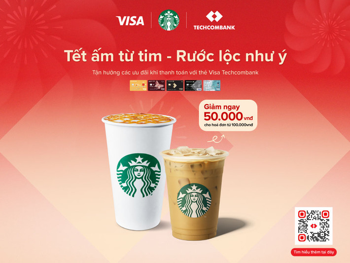 Techcombank và Starbucks cùng hợp tác triển khai chương trình “Tết ấm từ tim – Rước lộc như ý” nhằm đem đến những trải nghiệm thanh toán liền mạch. Techcombank hợp tác Starbucks Việt Nam đem “Tết ấm từ tim - Rước lộc như ý” tới khách hàng -0