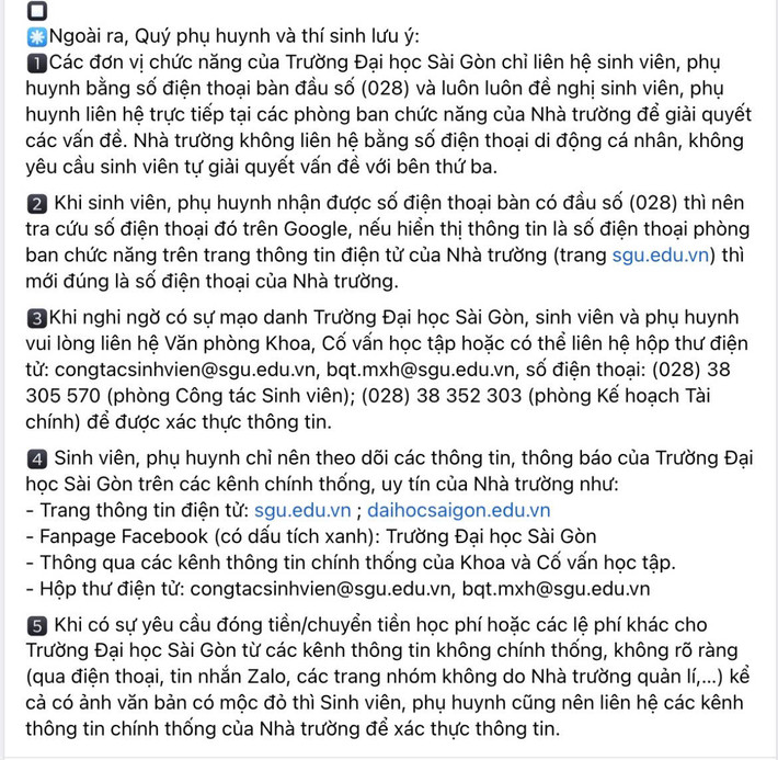 Trường Đại học Sài Gòn cảnh giác tân sinh viên về tin nhắn yêu cầu đóng lệ phí nhập học vào tài khoản giả mạo (Ảnh chụp màn hình) Nhiều trường đại học cảnh báo lừa đảo nhập học -0