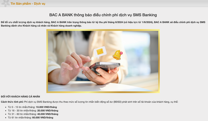 Thông báo của Bac A Bank về việc tăng phí dịch vụ SMS Banking Khách hàng phải trả 60.000 đồng/tháng khi dùng nhiều dịch vụ SMS Banking của Bac A Bank -0
