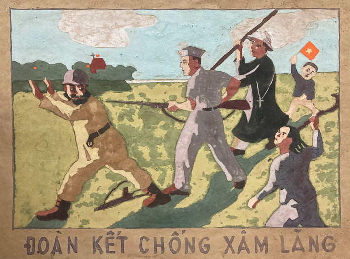 "Đoàn kết chống xâm lăng", tranh bột màu, giấy của họa sĩ Nguyễn Văn Giáo năm 1947. Nguồn: BTMTVN "Đoàn kết chống xâm lăng", tranh bột màu, giấy của họa sĩ Nguyễn Văn Giáo năm 1947. Nguồn: BTMTVN