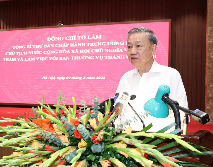Tổng Bí thư, Chủ tịch nước Tô Lâm phát biểu. Ảnh: Trí Dũng Tổng Bí thư, Chủ tịch nước Tô Lâm thăm, làm việc với Ban Thường vụ Thành ủy Hà Nội -0