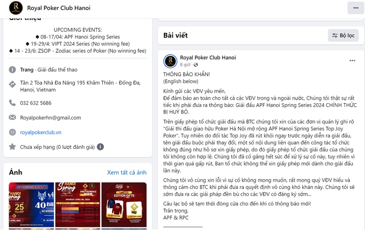 Thông báo được ban tổ chức CLB Royal Poker viết trên fanpage facebook chỉ vài giờ trước khi giải đấu diễn ra. Hà Nội: Người chơi ngỡ ngàng vì giải đấu Poker hoành tráng “hủy kèo” vào phút chót -0
