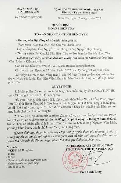 Ngày 19/9, TAND tỉnh Hưng Yên sẽ mở phiên tòa phúc thẩm. Hưng Yên: Bị toà sơ thẩm tuyên án, bị cáo kháng cáo bản án Cố ý gây thương tích -1