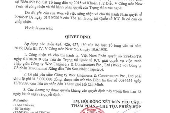 Nội dung phán quyết của TAND TP. Hồ Chí Minh. Ảnh: Quang Phương. Cần biện pháp mạnh để buộc Công ty TAPETCO thi hành án đúng pháp luật -0