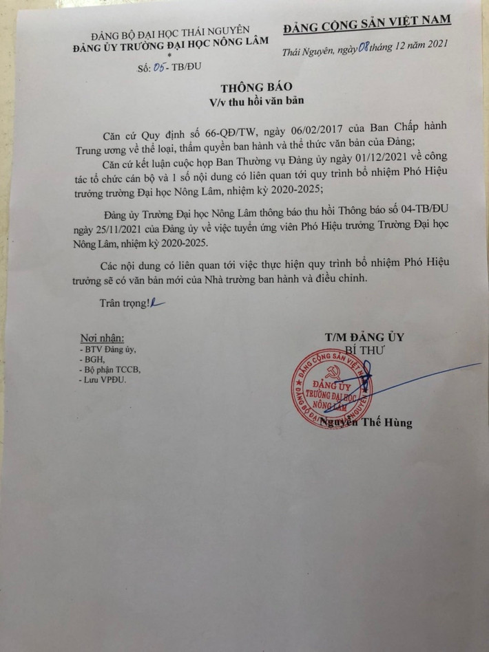 Thông báo thu hồi thông báo tuyển dụng Phó hiệu trưởng của ĐHNL Thái Nguyên Đại học Nông lâm Thái nguyên: Tư duy tiểu nông trong quy hoạch, bổ nhiệm cán bộ? -0