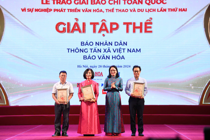 Thứ trưởng Bộ Văn hóa, Thể thao và Du lịch Trịnh Thị Thủy trao giải cho 3 tập thể có nhiều tác phẩm tham gia dự thi và đoạt giải cao gồm: Báo Nhân dân, Thông tấn xã Việt Nam và Báo Văn hóa Báo Đại biểu Nhân dân được trao Giải Khuyến khích Giải Báo chí toàn quốc Vì sự nghiệp phát triển Văn hóa, Thể thao và Du lịch -0