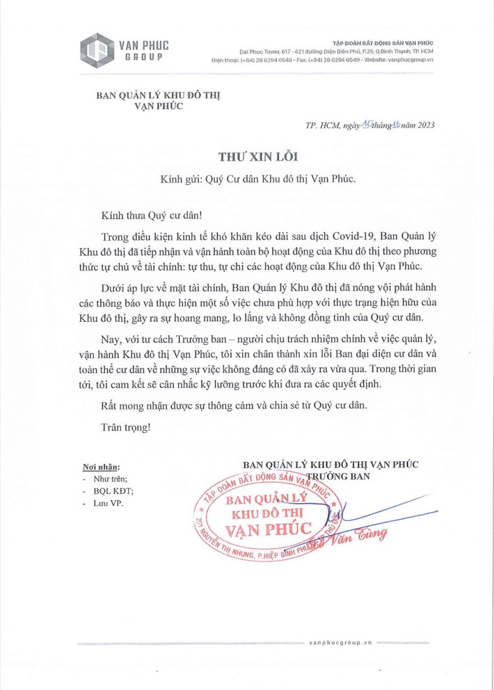 BQL khu đô thị Vạn Phúc gửi thư xin lỗi cư dân sau hành động thiếu văn minh Ban quản lý Khu đô thị Vạn Phúc bị tố chặn cống thoát nước sinh hoạt của cư dân