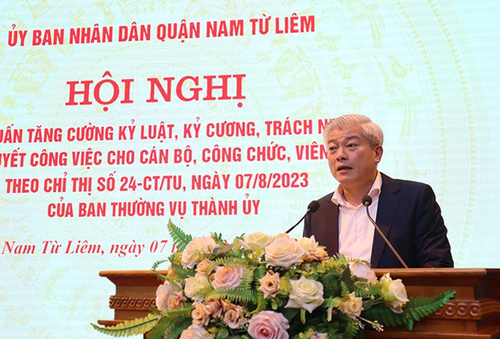 Phó Bí thư Quận ủy, Chủ tịch UBND Quận Nam Từ Liêm Mai Trọng Thái phát biểu khai mạc hội nghị Cán bộ phải dám nghĩ, dám làm, dám chịu trách nhiệm -0