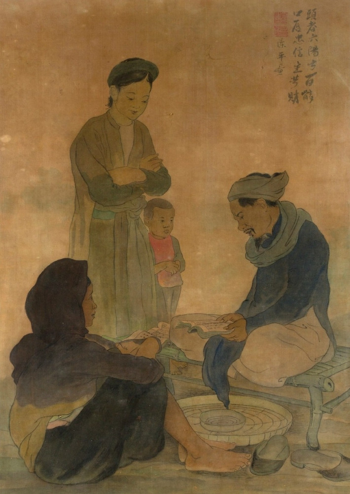 Bức tranh "Lý trưởng đọc sách cho dân làng" của họa sĩ Thang Trần Phềnh. Ảnh: Viet Art View Bức tranh