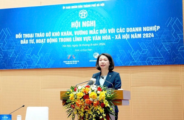 Phó Chủ tịch UBND TP. Hà Nội Vũ Thu Hà phát biểu khai mạc hội nghị. Ảnh: A.V Hà Nội đối thoại, tháo gỡ khó khăn cho doanh nghiệp lĩnh vực văn hóa - xã hội -0