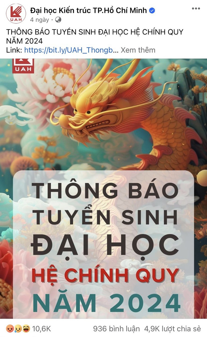Poster tuyển sinh của trường được đăng tải trên trang Facebook chính thức thu về hơn 10.000 lượt bày tỏ cảm xúc, gần 1.000 bình luận và gần 5.000 lượt chia sẻ Poster tuyển sinh của Trường ĐH Kiến trúc TP. Hồ Chí Minh khiến cộng đồng mạng ”dậy sóng” -0