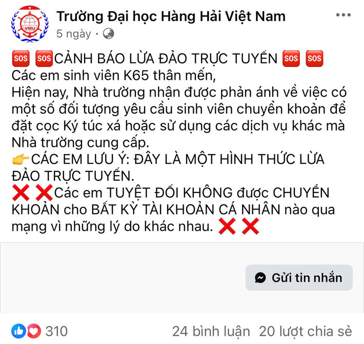 Trường Đại học Hàng Hải Việt Nam cảnh báo hình thức lừa đảo trực tuyến (Ảnh chụp màn hình) Nhiều trường đại học cảnh báo lừa đảo nhập học -0