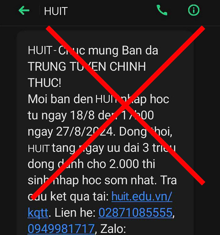 Tin nhắn lừa đảo một số tân sinh viên Trường Đại học Công Thương TP. Hồ Chí Minh nhận được trước khi nhập học (Ảnh: HUIT) Nhiều trường đại học cảnh báo lừa đảo nhập học -0