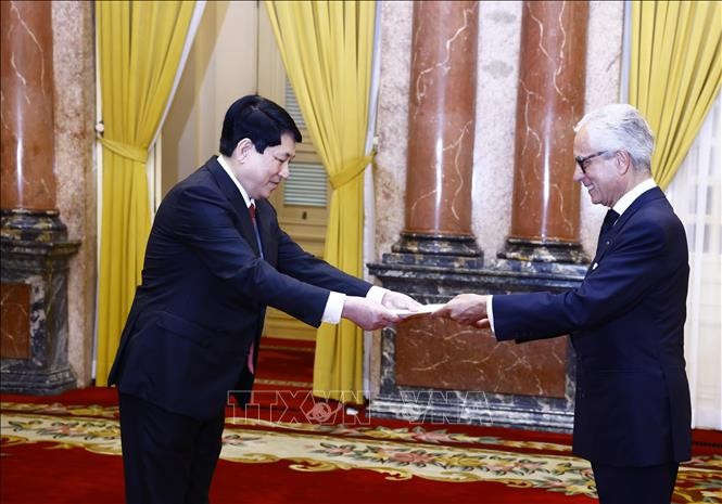 Chủ tịch nước Lương Cường nhận Quốc thư từ Đại sứ Cộng hoà Bồ Đào Nha Luiz Manuel De Magalhaes de Albuquerque Veloso. Ảnh: Lâm Khánh/TTXVN Chủ tịch nước Lương Cường nhận Quốc thư từ Đại sứ Cộng hoà Bồ Đào Nha Luiz Manuel De Magalhaes de Albuquerque Veloso. Ảnh: Lâm Khánh/TTXVN