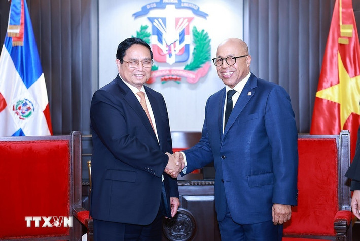 Thủ tướng Phạm Minh Chính hội kiến Chủ tịch Hạ viện Cộng hòa Dominicana Alfredo Pacheco. (Ảnh: Dương Giang/TTXVN) Thủ tướng Phạm Minh Chính hội kiến Chủ tịch Hạ viện Cộng hòa Dominicana Alfredo Pacheco. (Ảnh: Dương Giang/TTXVN)