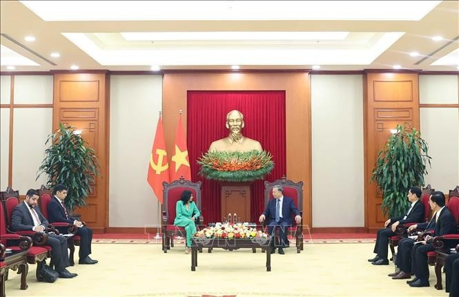 Tổng Bí thư Tô Lâm tiếp Ủy viên Bộ Chính trị Đảng Xã hội chủ nghĩa Thống nhất (PSUV), Phó Tổng thống thường trực Cộng hòa Bolivar Venezuela Delcy Rodríguez Gómez. Ảnh: Thống Nhất/TTXVN