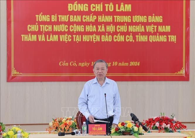 Tổng Bí thư, Chủ tịch nước Tô Lâm phát biểu tại buổi làm việc với Đảng bộ, chính quyền và lực lượng vũ trang huyện đảo Cồn Cỏ, tỉnh Quảng Trị. Ảnh: Lâm Khánh/TTXVN Tổng Bí thư, Chủ tịch nước Tô Lâm phát biểu tại buổi làm việc với Đảng bộ, chính quyền và lực lượng vũ trang huyện đảo Cồn Cỏ, tỉnh Quảng Trị. Ảnh: Lâm Khánh/TTXVN