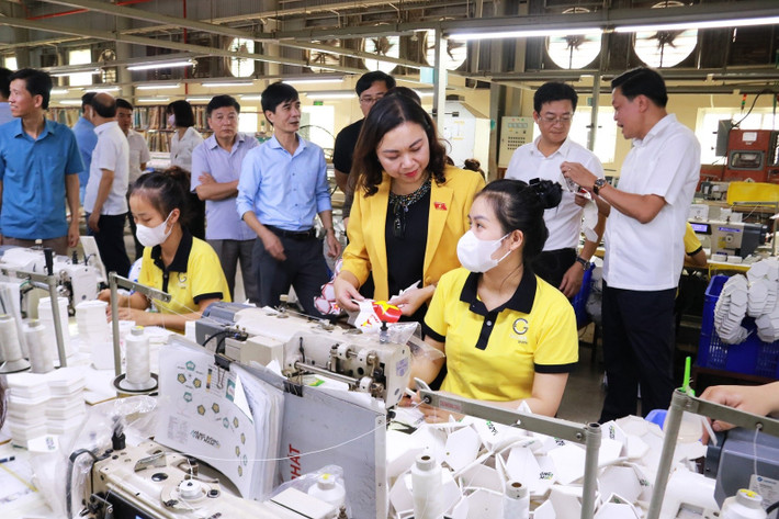 Đoàn giám sát thăm hỏi, động viên công nhân đang làm việc tại CNN Tiên Tiến, thành phố Hòa Bình. Ảnh: Lê Thủy IMG_3412.jpg